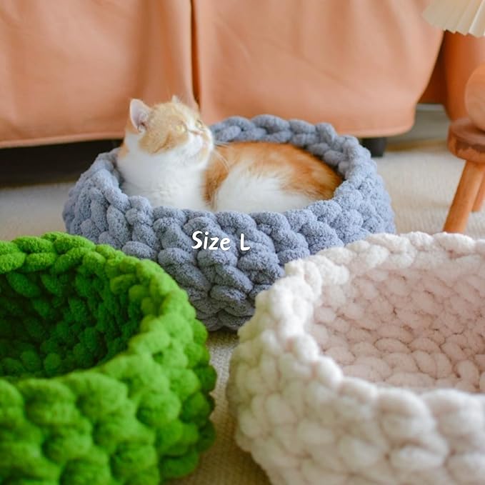 Cat Nest Bed - Premium Self Warming Handwoven Washable Extra Soft Round Cave House for Indoor Kitten & Kitty, Small & Large (Cloud White,Medium)