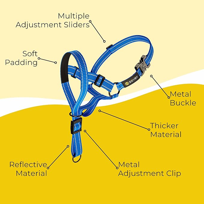 Dog Headcollar with Leash and Safety Strap Stops Heavy Pulling On The Leash Padded Reflective Head Halter for Small Medium Large Dogs Adjustable Head Harness for Training and Walking, (S, Blue)