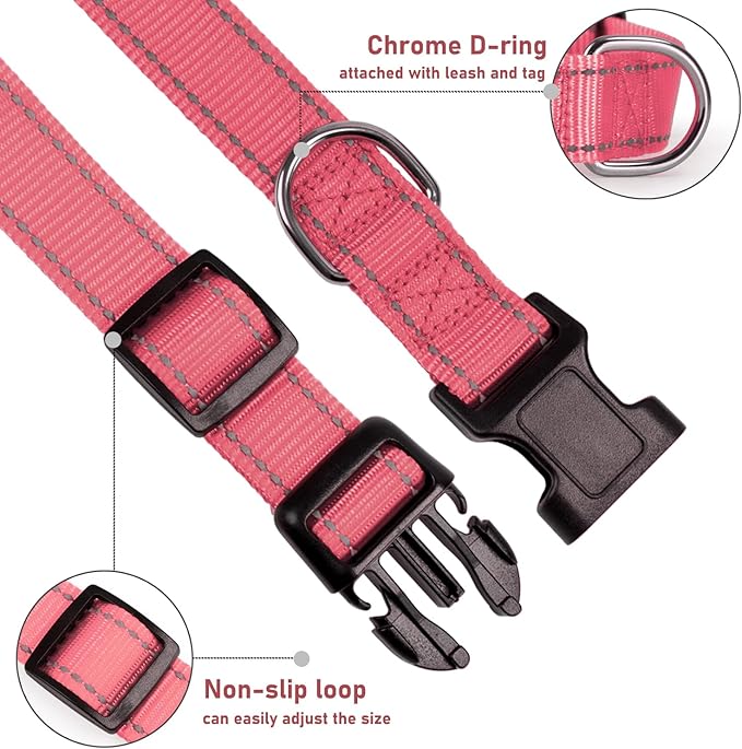 Reflective Dog Collar with Buckle Adjustable Safety Nylon Collars for Small Medium Large Dogs, Light Pink L