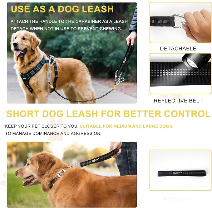 Dog Seat Belt Harness for Car, 5-in-1 Coated Wire Dog Seatbelt, HYLIYAKI Shock Spring-Loaded No Chew Pet Dog Car Seatbelt Leash, with Removable Reflective Short Leash (2 Pack Black, 16 inch/40 CM)