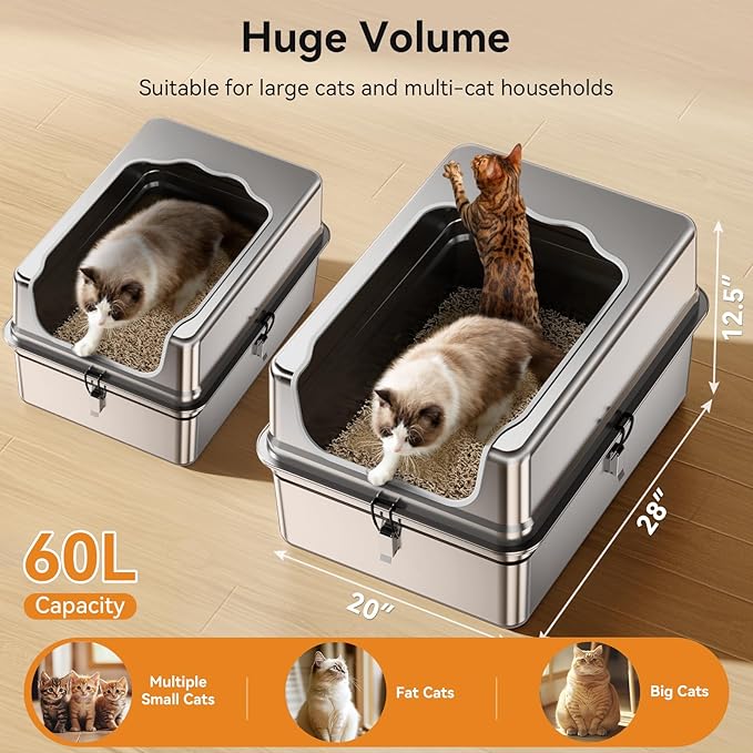 XXXL Stainless Steel Litter Box,28"L*20"W*12.5"H Large Capacity Metal Cat Litter Box for Big & Multiple Cats,Anti-Leakage,Non-Stick Surface for Easy Cleaning,Odor-Resistant,Scratch-Resistant