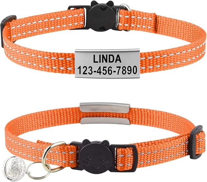 Cat Collar Personalized - Breakaway Reflective Cat Collar with Bell-Custom Cat Collars Engraved with Name and Phone, Adjustable for Cats and Kitten