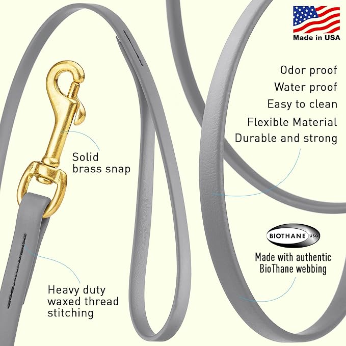 Viper Biothane K9 Working Dog Leash Waterproof Lead for Tracking Training Schutzhund Odor-Proof Long Line with Solid Brass Snap for Puppy Medium and Large Dogs, 10ft Battleship Gray