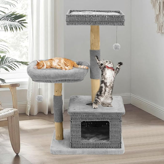 Modern Cat Tree for Indoor Cats - Multi-Level Wooden Tower with Scratching Posts, Large Jumping Platforms, Hanging Toy - Modern Luxury Cat Furniture for Indoor Cats-Grey