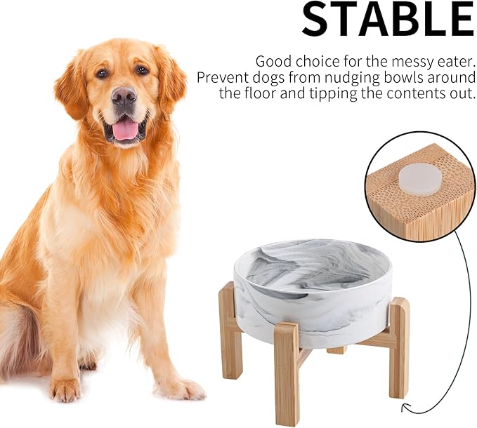 Elevated Dog Bowl Ceramic for Medium Large Sized Breed,Raised Dog Food Water Bowl with Stand,8 in 7.6 Cups Non Slip Pet Dish Heavy Weighted Marble Grey