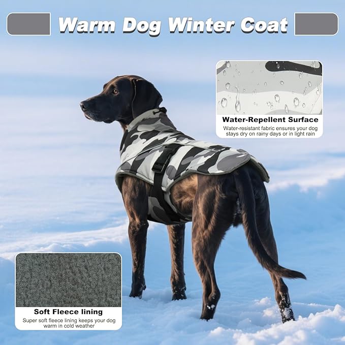 DENTRUN Dog Winter Coat - Windproof Reflective Jacket, Plush Turtleneck & Adjustable Belt, Water Repellent Fleece Lined Cold Weather Vest for Corgi Bulldog, White Camo, L