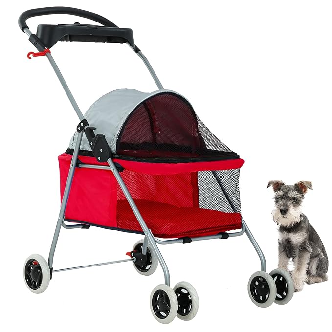 BestPet Pet Stroller 4 Wheels Posh Folding Waterproof Portable Travel Cat Dog Stroller with Cup Holder (Red)