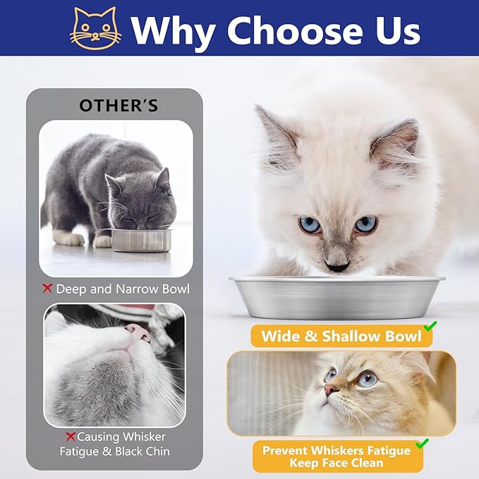 Petdream 6-Pack Stainless Steel Cat Food Bowls, Shallow Whisker-Friendly Non-Slip Silicone Base Metal Dishes, Easy to Clean Indoor Water Flat Plates for Cat, Kitten, Small Dog (5.9")