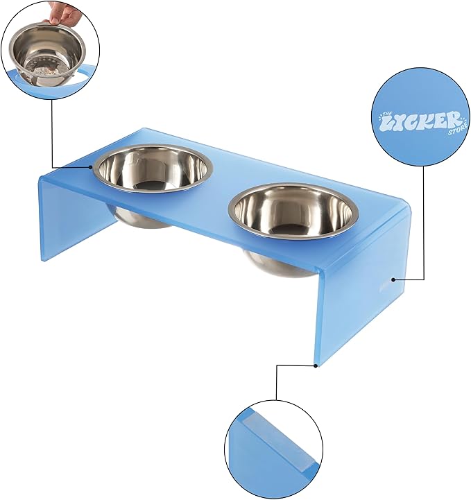 The LICKER Store DBL2001C Keaton 7.5" Medium/Large Modern Acrylic Rectangular Elevated Pet Feeder with 54oz 2-Stainless Steel Bowls, Blue/Chrome