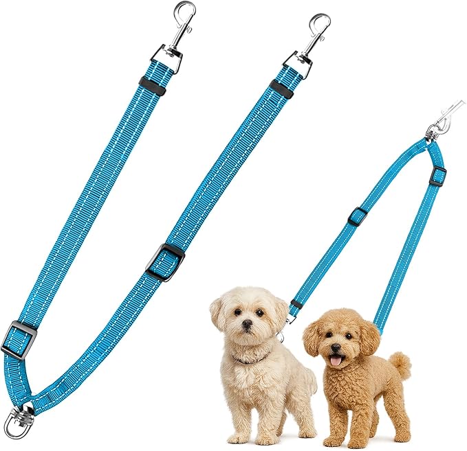 MingXpet Double Dog Leash for Two Dogs, No Pull Dog Leash, 360° Swivel No Tangle for Small Dogs Walking & Training, Shock Absorbing Reflective Bungee, Blue