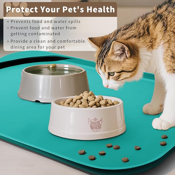 Silicone Pet Food Mat with Raised Edge for Food and Water Bowl, Dog Feeding Mats, Cat Food Trays for Floor Waterproof, Rubber Tray for Dogs and Cats, 22 x 14 x 0.8 Dark Turquoise