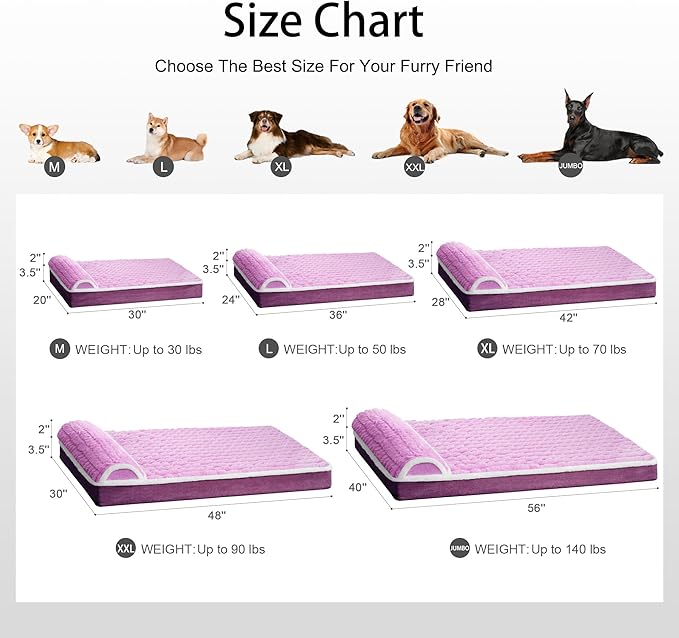Orthopedic Jumbo Dog Bed Large Sized Dog with Pillow 56''X40'' Waterproof Soft Comfortable Egg Crate Foam Pet Crate Beds Mat with Removable Washable Cover and Non-Slip Bottom, Lilac