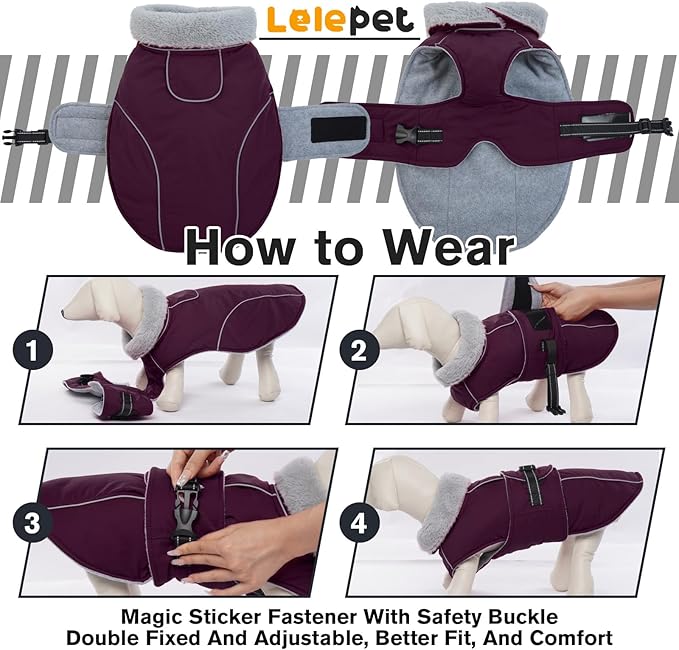 Lelepet Warm Dog Coat Waterproof Dog Jacket for Small Dogs Reflective Fleece Vest with Adjustable Buckle Hook & Loop Windproof Cold Weather Coats for Small Medium Large Dogs, Dark Purple, S