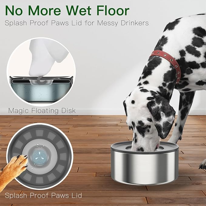 1Gallon Slobber Stopper Water Bowl for Dogs, US Patented Splash-Proof Paws Lid, 18/8 Stainless Steel, Anti-Slip Base, No Spill for Messy Large Medium Dogs, Ear Protection for Floppy-Eared Breeds