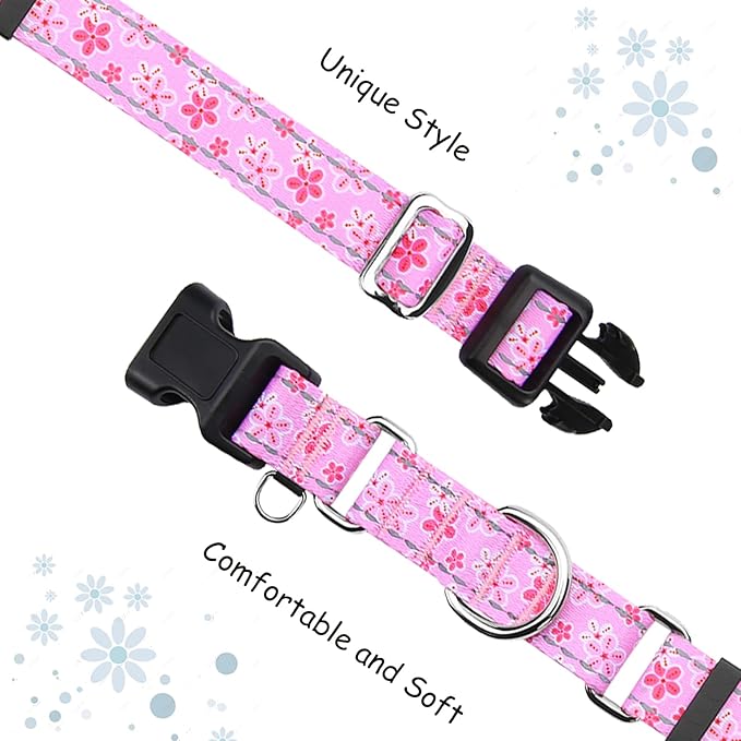 Reflective Martingale Collar for Dogs with Quick Release Buckle Cute Girl Female Flower Dog Collars (Pink Floral, Large)