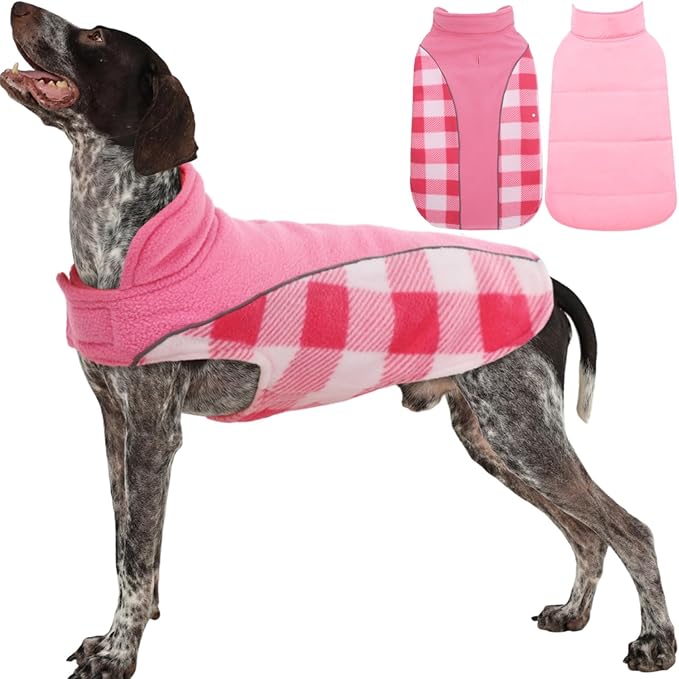 Kuoser Dog Winter Coat, Reversible Waterproof Dog Jacket with Reflective Strip, Warm Dogs Fleece Vest Adjustable Doggy Cold Weather Clothes Plaid Christmas Outfit Pet Apparel for Large Dogs, Pink L