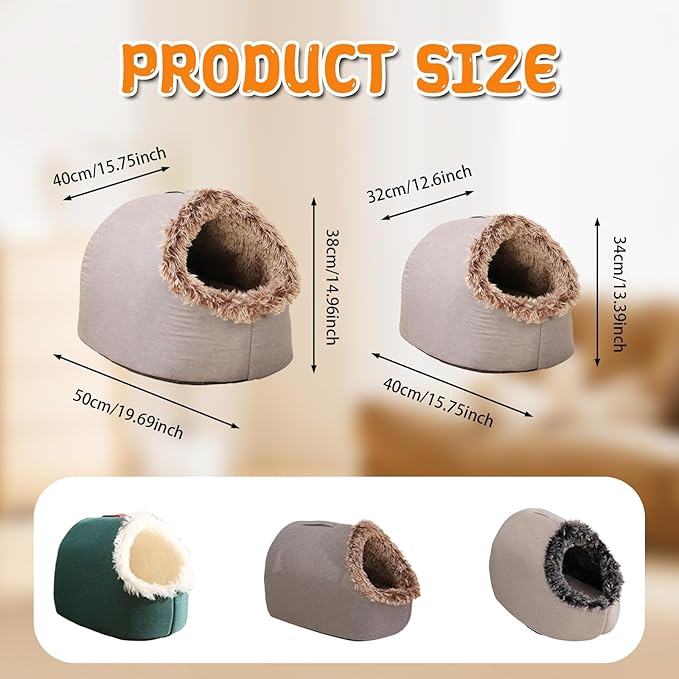 Winter Warm Pet Cave Bed, 2026 New Soft Plush Cozy Indoor Nest for Cats and Small Dogs, Removable Cushion Warming Pets Cozy Enclosed Cat House (Dark Green + White, Large)
