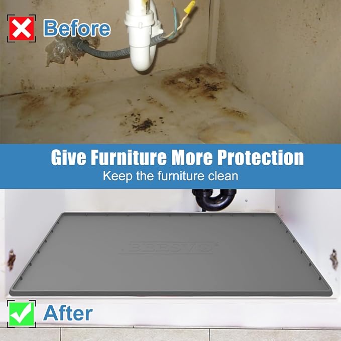Under Sink Mat for Kitchen Waterproof, 31" x 19" Silicone Under Sink Liner Kitchen & Bathroom Cabinet Protector Mats, Heavy Duty Flexible Under Sink Drip Tray with Lip, Cool Grey
