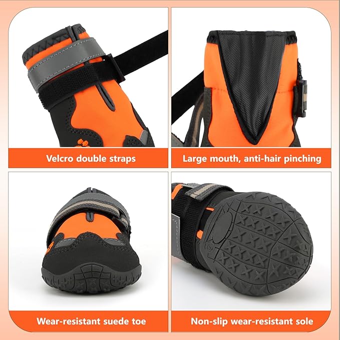 Dog Shoes for Large Dogs, 360°Anti Slip Medium Dog Boots & Paw Protectors Winter Snowy, Waterproof 4Pcs Dog Booties with Reflective Strips (Size 2: 1.77''x2.3''(W*L), Orange)