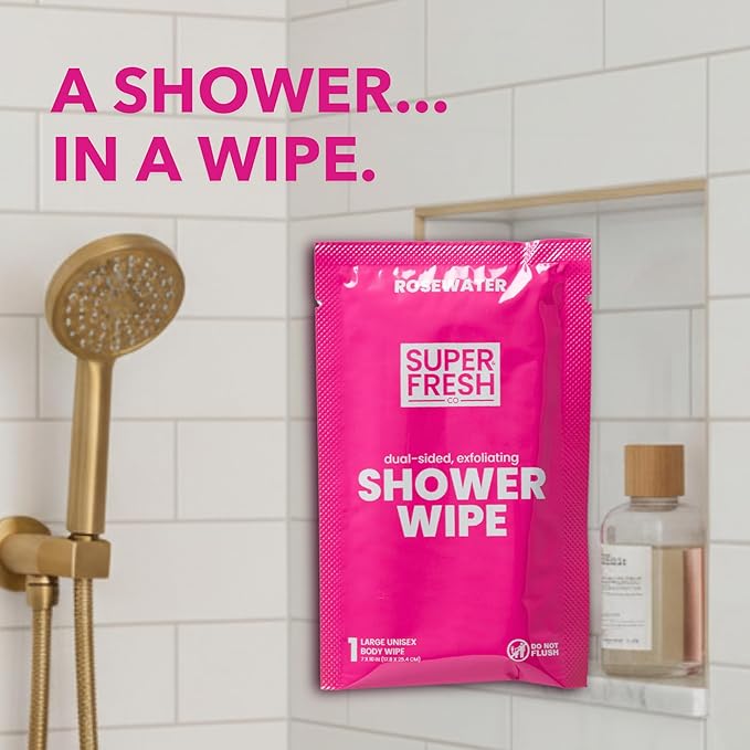 Super Fresh Shower Wipes Large RoseWater Body Wipes for No Rinse Bathing Personal Hygiene Gym Travel or Camping Enriched with Aloe and Vitamin E 20 Individually Wrapped Disposable Sheets