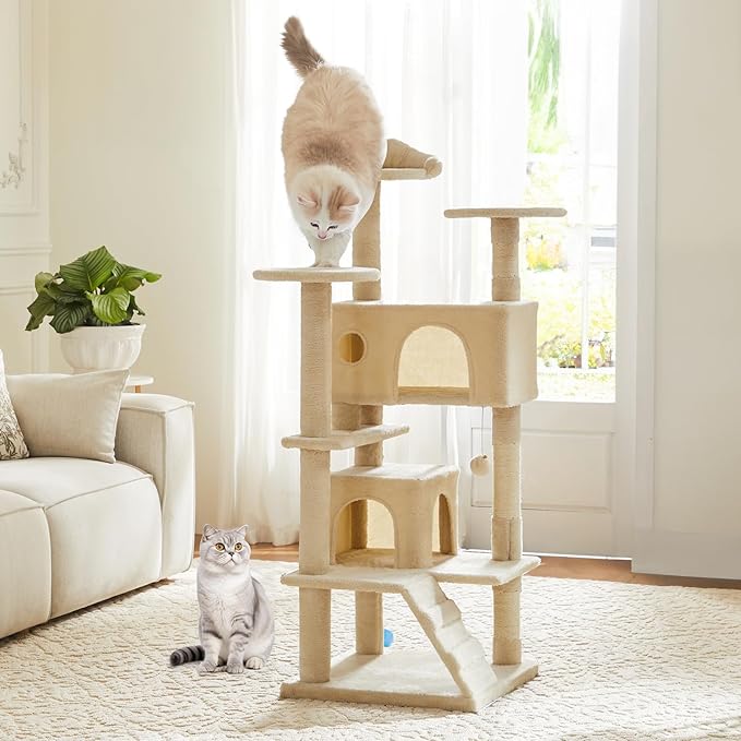 Cat Tree 54 Inch, Multi-Level Cat Tower with Condo, Perches, Sisal Scratching Posts and Climbing Ladder, Pet Play Toy Balls House for Indoor Cats