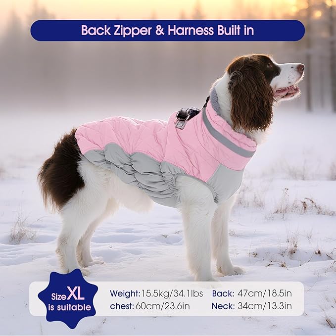 FUAMEY Dog Coat for Large Dogs,Waterproof Dog Winter Jacket with Harness Built in Puppy Cold Weather Coats Reflective Pet Vest with Zipper Warm Fleece Dogs Snowsuit Windproof Pink 2XL