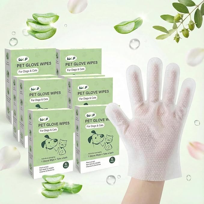 WLP 48 PCS Pet Cleaning and Deodorizing Glove Wipes for Dogs & Cats Hypoallergenic Pet Cleaning and Hydrating Glove Bath Wipes Enriched with Aloe & Jojoba Oil Individually Wrapped
