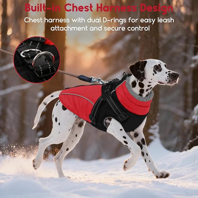 ASENKU Reflective Dog Coat with Built-in Harness, Windproof Fleece-Lined Dog Jacket for Small, Medium, Large Dogs, Warm Winter Vest with Turtleneck & Zipper (Red 2XL)