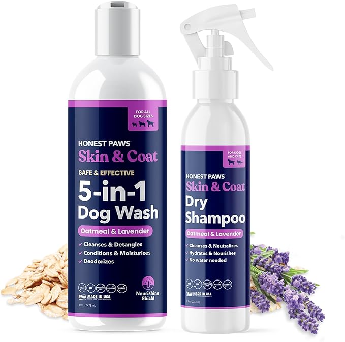Honest Paws Dog Shampoo Conditioner - Grooming Bundle with Dry Shampoo - Cleanse, Moisturize, Deodorize, Condition, Detangle - Oatmeal & Lavender