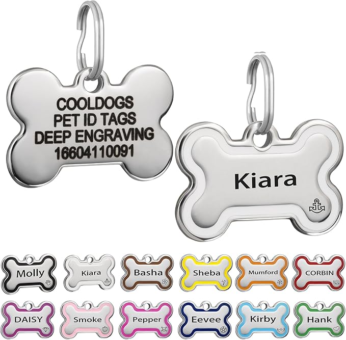 CoolDogs Stainless Steel Enamel Pet ID Tags for Dogs and Cats, Personalized Dog Tags,Cat Tags,Custom Engraved Dog Name Tag,Cat Name Tag with up to 5 Lines of Text on Both Sides (White, Large)