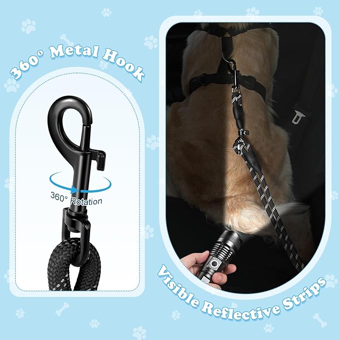 Pawaboo Dog Car Seatbelt, Dog Safety Harness for Car with Metal Clip Buckle, 360° No Tangle Adjustable Vehicle Safety Belt Leash for Pet, Dogs Vehicle Headrest Restraint with Reflective Strips, Black
