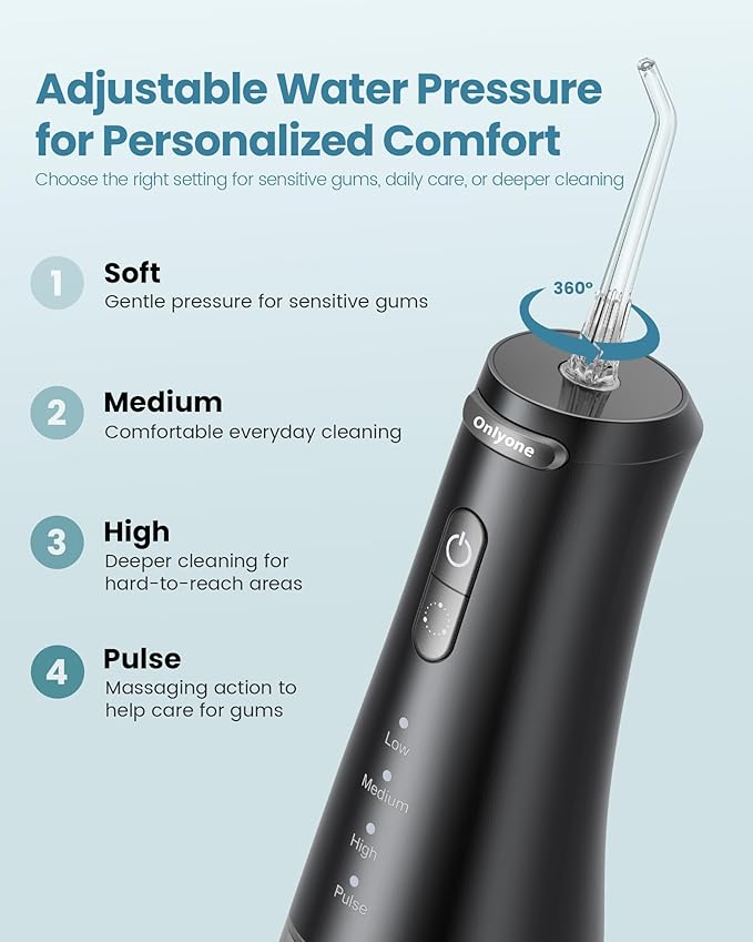 Onlyone Rechargeable Cordless Water Flosser with Adjustable Water Pressure for Daily Oral Care, Power Dental Flosser for Home and Travel Use, Portable Oral Irrigator for Sensitive Gums and Braces Care