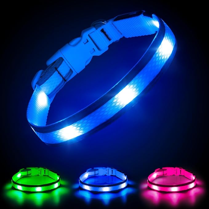 Illumifun LED Dog Collar, USB Rechargeable Light Up Collar Glow in The Dark, Reflcetive Safery Pet Light for Large Dogs Walking at Night (Large, Light Blue)