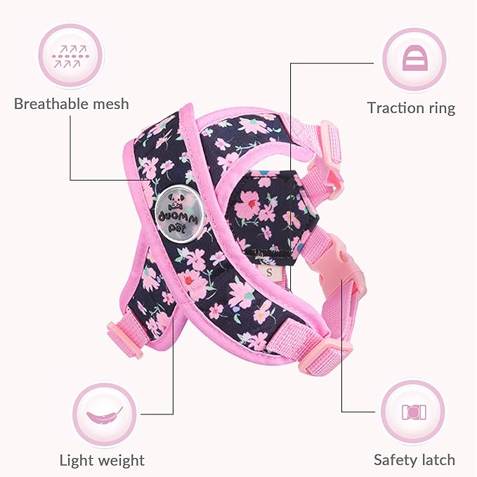 Patas Lague Dog Harness with Leash Set Adjustable Soft Padded Step-in Dog Vest No Choke No Pull Reflective for Small Medium Pets with Poop Bags and Dispenser, Solid and No-chew, Floral Pink M