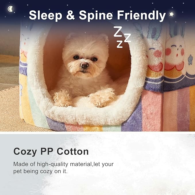 JIUPETY Cute Cat Houses for Indoor Cats, Dog Bed with Cover Cave, M Size Cat Cave Up to 15 Lbs Kittens and Puppy, Igloo Dog House with Non-Slip Bottom, Rainbow