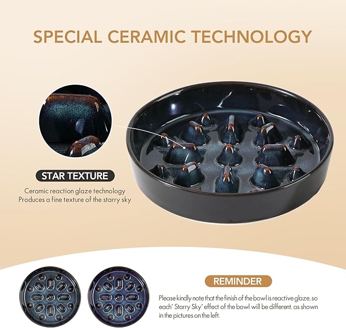 Ceramic 1.6 Cup Raised Slow Feeder Dog Bowl Set, Elevated Acacia Wood Stand for Medium and Large Dogs, 8.2inch Slow Pet Dish for Fast Eaters(1 Bowl & Stand,Starry Sky)