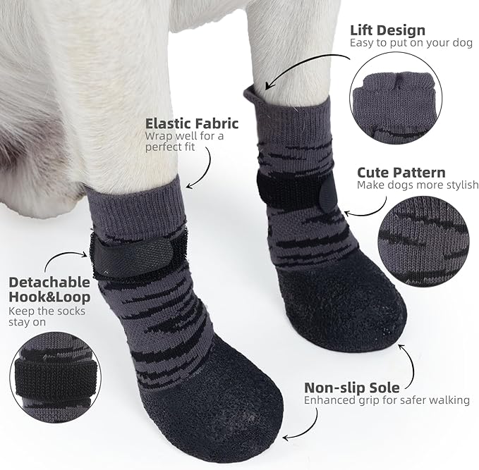 PUPTECK Anti Slip Dogs Shoes for Hot/Cold Pavement, Senior Booties, Rubber Boots & Paw Protectors for Small Medium Large Size Dogs to Prevent Licking, Grippy Socks for Hardwood Floors, Tiger, L