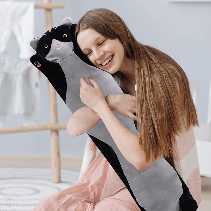 shangman Lovely Plush Cat Doll - Cute Cartoon Soft Stuffed Kitten Pillow, Long Throw Sleeping Pillow, Valentine’s Day Gift for Kids & Girlfriend (Black, 50cm/19.6in)