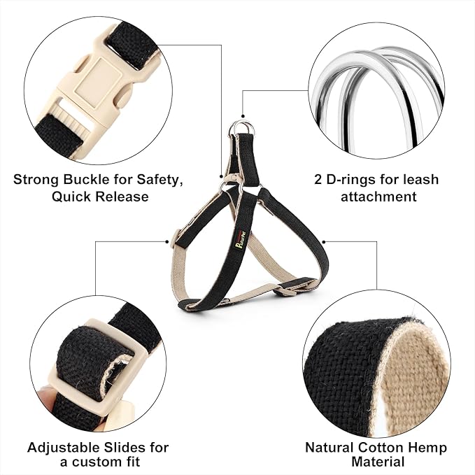 Plutus Pet Cotton Hemp Step in Dog Harness, Sustainable, Lightweight and Escape-Proof, Quick Fit Dog Harness for Puppy Small Medium and Large Dogs, Black, M