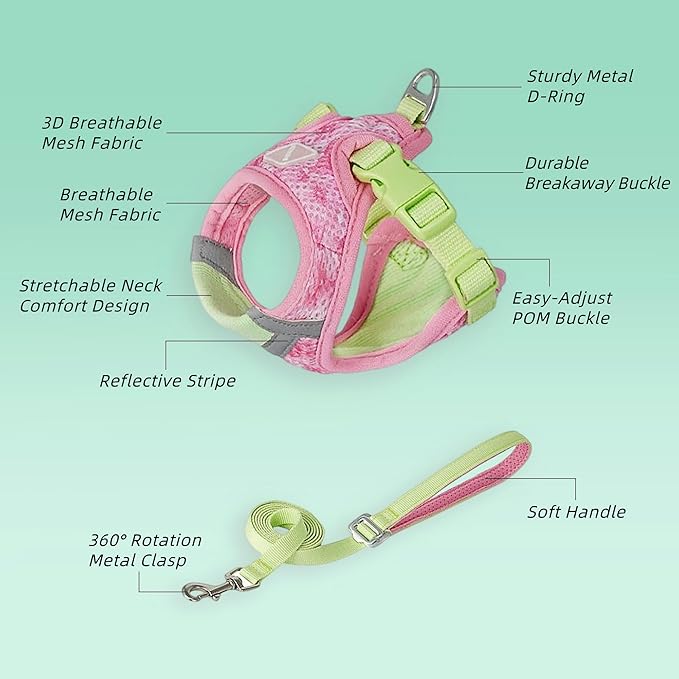 Cat Harness and Leash Set for Comfortable Outdoor Walking, Escape Proof, Adjustable Soft Kitten Vest Harness with Reflective Strip for Cats, Small Dogs (Pink Green, M)