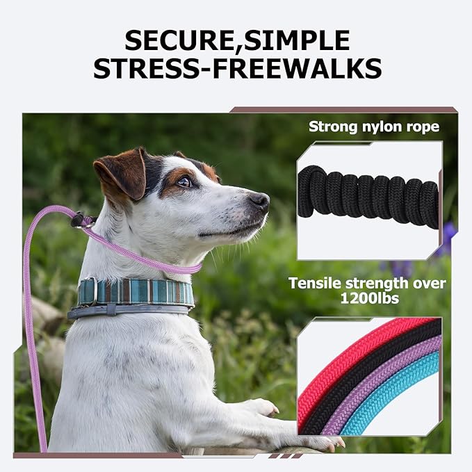 Slip Lead Dog Leash – Strong Nylon Training Rope with Spring-Loaded Adjustable Stopper – 5/16" x 7ft -No Pull Heavy Duty Leash for Small Medium Large Dogs(Pink, 7 FT)