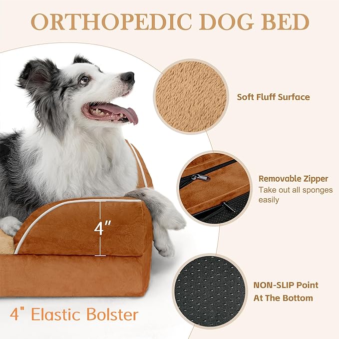 Comfort Expression Orthopedic Dog Bed for Medium Dogs 30x20 Inch, Waterproof Supportive Egg Crate Foam Medium Pet Bed with Removable Bolsters, Dog Couch with Washable Cover & Non-Slip Bottom, Orange