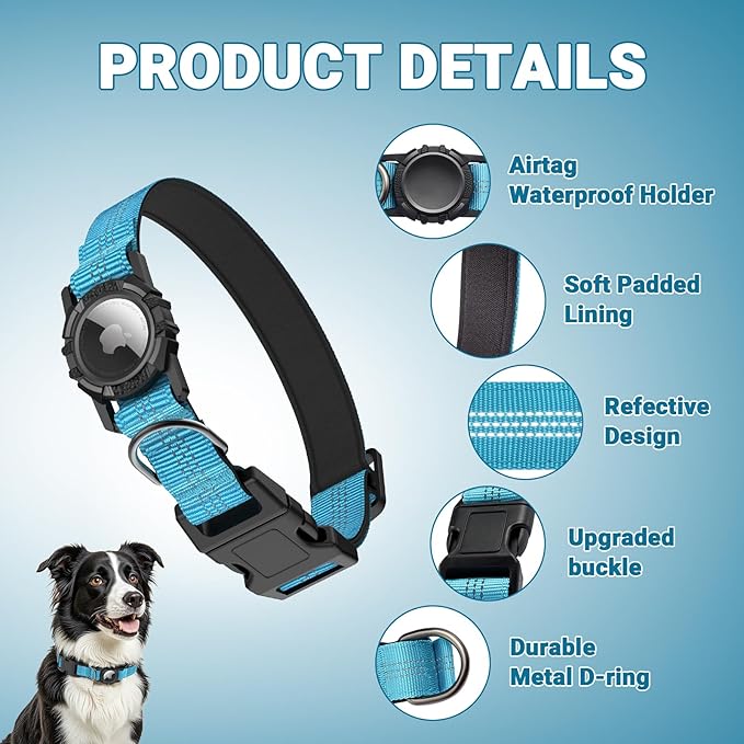 AirTag Dog Collar and Leash, IP68 Waterproof Integrated with Reflective, Ultra-Durable, Comfortable Padded, Heavy Duty Dog Collars for Small Medium Large Dogs, S (10.6"-13.6"), Blue