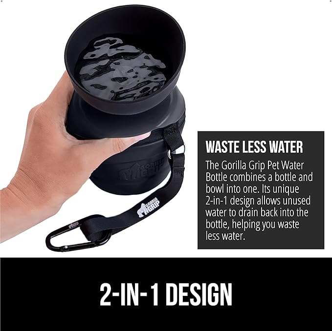 GORILLA GRIP Dog Water Bottle, Portable Water Bowl Dispenser for Dogs, 16 oz Leak Proof Pet Travel Squeeze Bottles Food Grade Silicone, Stocking Gifts for Pets to Go Puppy Essentials, Black