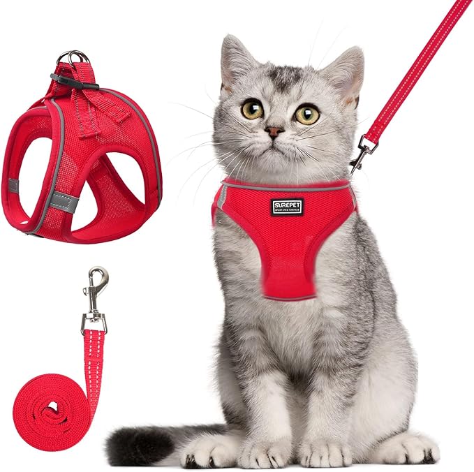 Cat Harness and Leash Set, Soft and Breathable Vest with Reflective Strip, Escape Proof Kitten Harness, Easy to Wear for Cats Walking and Traveling (Red, M)