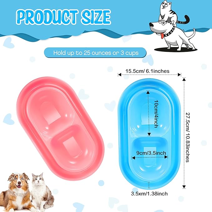 2 Pieces Cat Dog Food Bowl, 25 oz Plastic Double Pet Food Water Bowls Feeding Bowl Tray Cat No Spill for Dogs Pets Outdoor, Pink and Light Blue