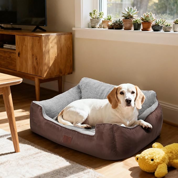 Medium Dog Beds, Calming Anti-Anxiety Pet Bed for Small Dogs, Dog Beds for Small and Medium Pets with Non-Slip Bottom, 28”x20”x7”, Brown