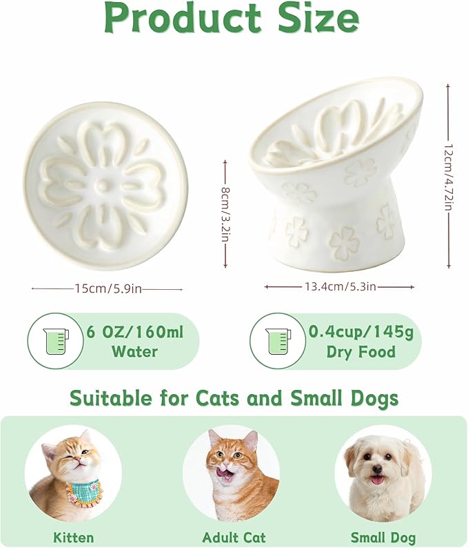 TRUVIC Ceramic Slow Feeder Cat Bowl, Elevated Cat Wet Food Bowl Tilted Design, Raised Slow Feeder Dog Bowl no Black Chin, Four-Leaf Clover Shape for Dry and Wet Food, Jun Blanc
