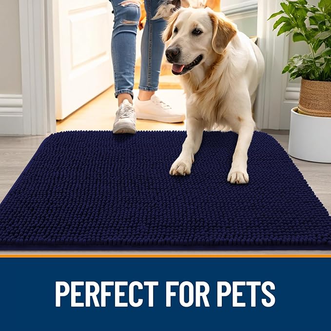 OLANLY Dog Door Mat for Muddy Paws 59x32, Absorbs Moisture and Dirt, Absorbent Non-Slip Washable Doormat, Quick Dry Chenille Mud Mat for Dogs, Entry Indoor Entryway Carpet for Inside Floor, Navy Blue