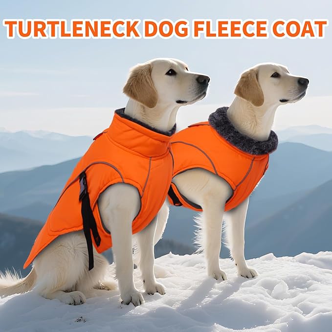 DENTRUN Winter Warm Dog Coat Reflective Jacket with Turtleneck for Cold Weather, Adjustable Buckle Windproof Water Repellent, Thick Snowsuit Fleece Vest for Small, Medium, Large Dogs, Orange, L
